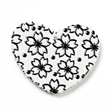 Printed Acrylic Pendants, Heart with Sakura Pattern, Black, 26x31.5x2mm, Hole: 1.5mm
