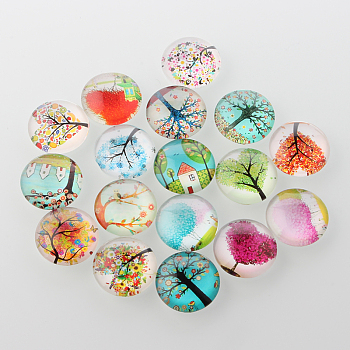 Tree of Life Printed Half Round/Dome Glass Cabochons, Mixed Color, 15x4mm