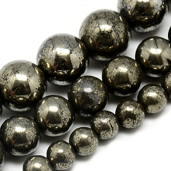 Natural Pyrite Beads Strands, Round, Dark Slate Gray, 8mm, Hole: 1mm, about 50pcs/strand, 16.3 inch(41.4cm)