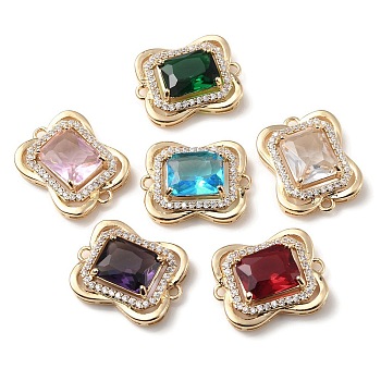 Brass K9 Glass Connector Charms, with Crystal Rhinestone, Light Gold Tone Rectangle Links, Mixed Color, 20x16x6mm, Hole: 1.5mm