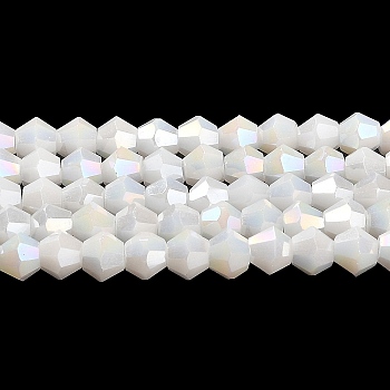 Opaque Solid Color Electroplate Glass Beads Strands, AB Color Plated, Faceted, Bicone, White, 4x4mm, Hole: 0.8mm, about 87~98pcs/strand, 12.76~14.61 inch(32.4~37.1cm)