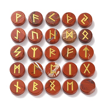 Brass Elder Futhark Alphabet Engraved Symbol Flat Round Natural Red Jasper Rune Stones, for Chakras Balancing, Crystal Therapy, Meditation, Divination, 16.5~17.5x6~7mm, 25pcs/set