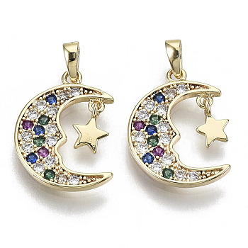 Brass Micro Pave Cubic Zirconia Charms, Nickel Free, Moon with Star, Real 18K Gold Plated, Colorful, 14x10x1mm, Hole: 1x3mm