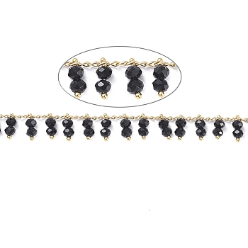 3.28 Feet Handmade Glass Beaded Chains, Soldered, with Golden Tone Brass Findings, Long-Lasting Plated, Black, 2x1mm
