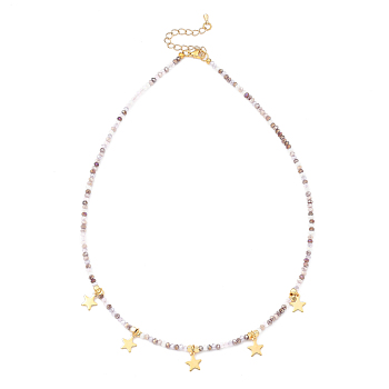 Star Pendant Necklaces, with Brass Cube Beads, Glass Beads, 304 Stainless Steel Charm and Lobster Claw Clasps, Golden, Plum, 17.72 inch(45cm)