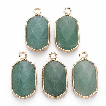 Natural Green Aventurine Pendants, with Golden Plated Brass Edge and Loop, Faceted, Oval, 24x12.5x5.5mm, Hole: 2.5mm