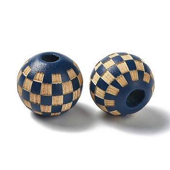 Wood Laser Engraved Tartan Beads, Round, Dyed, for DIY Craft, Marine Blue, 15.5~16x14.5mm, Hole: 4.5mm