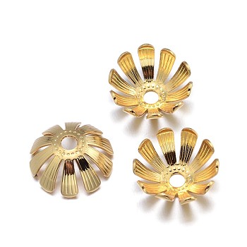 Multi-Petal Flower Brass Bead Caps, Lead Free & Nickel Free & Cadmium Free, Real 18K Gold Plated, 13x6mm, Hole: 2mm