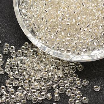 8/0 Transparent Glass Round Seed Beads, Grade A, Silver Lined, Clear, 2.8~3.2mm, Hole: 1.0mm, about 1500pcs/50g