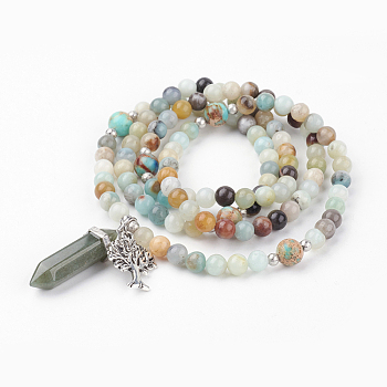Dual-use Items, Four Loops Natural Flower Amazonite Wrap & Imperial Jasper(Dyed) Bracelets or Beaded Necklaces, with Burlap Bags, Antique Silver and Platinum, Tree, 29.1 inch(74cm)