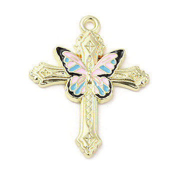 Light Gold Plated Alloy Enamel Pendants, Cross with Butterfly Charm, Pink, 30x24x2mm, Hole: 1.6mm