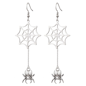 304 Stainless Steel Pendants Earrings, Spider, Antique Silver & Stainless Steel Color, 85x30mm
