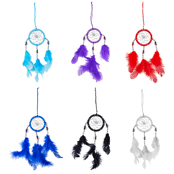 SUPERFINDINGS 6Pcs 6 Colors Woven Net/Web with Feather Pendant Decoration, Tassel Wall Hanging Decoration, for Home Bedroom Car Ornaments Birthday Gift, Mixed Color, 280~335mm, 1pc/color