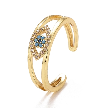 Rhinestones Evil Eye Open Cuff Ring, Brass Hollow Ring for Women, Golden, Aquamarine, US Size 7 1/4(17.5mm)