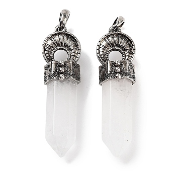 Natural Quartz Crystal Pointed Big Pendants, Rock Crystal Faceted Bullet Charms with Rack Plating Antique Silver Plated Alloy Horn, 61~62x17.5x16mm, Hole: 7x6.5mm