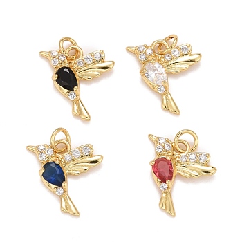 Cubic Zirconia Pendants, with Rack Plating Real 18K Gold Plated Brass, with Jump Rings, Long-Lasting Plated, Lead Free & Cadmium Free & Nickel Free, Bird, Mixed Color, 16x15x3.5mm, Jump Ring: 5x0.8mm, 3.4mm Inner Diameter
