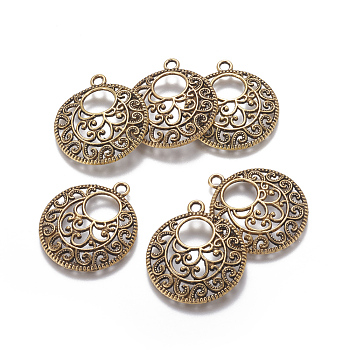 Alloy Pendant Cabochon Settings, Flat Round, Antique Golden, Tray: 9.5mm, 31.5x28x3mm, Hole: 2.5mm
