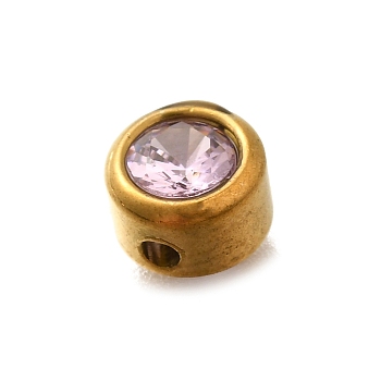304 Stainless Steel Rhinestone Beads, Real 18K Gold Plated, Cross-Drilled Round, Light Rose, 6x4mm, Hole: 1.2mm