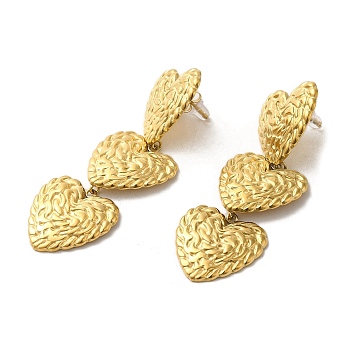 304 Stainless Steel Dangle Stud Earrings, Textured Heart, Golden, 64x22mm