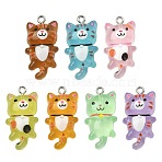 70Pcs 7 Colors Luminous Transparent Resin Pendants, Cat Charms, with Iron Loops & Glitter Powder, Glow in the Dark, Mixed Color, 30x15.5x7mm, Hole: 2mm, 10pcs/color(FIND-CJ0004-53)