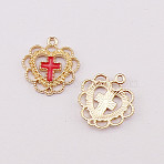 Alloy Enamel Pendants, Golden, Heart with Cross, Red, 21x20x2mm(HEAR-PW0001-064A)