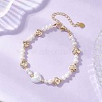 Natural Cultured Freshwater Pearl & Brass Beaded Bracelets for Women, Heart, Golden, 7.28 inch(18.5cm)(BJEW-JB13367)