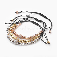 Bracelets Sets, Brass Braided Bead Bracelets, with Cubic Zirconia and Nylon, Round, Mixed Color, 2.4~7.4cm, 3pcs/set(BJEW-JB03835)