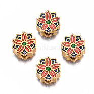 Rack Plating Alloy Enamel Beads, Cadmium Free & Lead Free, Matte Gold Color, Flower, Red, 11x10.5~11x5mm, Hole: 2mm(ENAM-N056-033A)