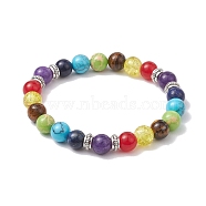 8mm Round Mixed Gemstone Beaded Stretch Bracelets, Chakra Bracelets with Crackle Glass for Women, Inner Diameter: 2-3/8 inch(6cm)(BJEW-JB10438)