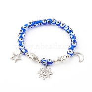 304 Stainless Steel Charm Bracelets, with Evil Eye Lampwork Beads and Alloy Beads, Flower & Star & Moon, Blue, Antique Silver, Inner Diameter: 2-1/4 inch(5.8cm)(BJEW-JB06206)