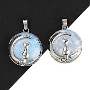 Opalite Flat Round Pendants, Alloy Moon Cat Charms, Platinum, 31x27x10.5mm, Hole: 6.5x3.5mm(FIND-A043-11P)
