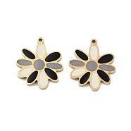 Ion Plating(IP) 316 Surgical Stainless Steel Pendants, Nickel Free, with Enamel, Flower Charm, Real 18K Gold Plated, Black, 17x15x1.5mm, Hole: 1mm(STAS-U014-44G)