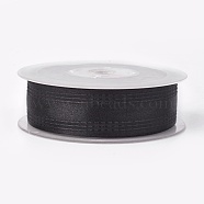 Single Face Polyester Satin Ribbon, with Texture Edge, Black, 3/8 inch(9mm), about 50yards/roll(45.72m/roll)(SRIB-L041-9mm-A031)
