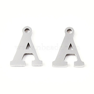 201 Stainless Steel Charms, Alphabet, Letter.A, 8.5x6.5x1mm, Hole: 1mm(STAS-N091-176A-P)