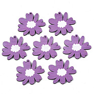 Printed Basswood Pendants, Back Random Color,  Flower, Purple, 34x37x3mm, Hole: 1.6mm(X-WOOD-N006-53)