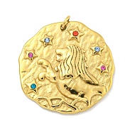 Real 18K Gold Plated PVD Vacuum Plating 304 Stainless Steel Pendants, with Rhinestone and Jump Ring, Flat Round with Constellations Charms, Leo, 20~21.8x20~21x2~3mm, Hole: 2mm(STAS-L278-003G-05)