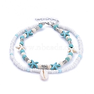 Cowrie Shell Anklets, with Turquoise Beads and Glass Seed Beads, Tibetan Style Alloy Beads, Zinc Alloy Lobster Claw Clasps, Turquoise, 9-1/2 inch(24cm)(AJEW-AN00244)