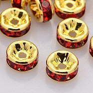 Brass Rhinestone Spacer Beads, Grade A, Straight Flange, Golden Metal Color, Rondelle, Light Siam, 6x3mm, Hole: 1mm(RB-A014-Z6mm-21G)