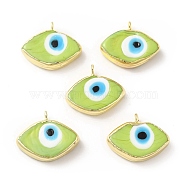 Handmade Lampwork Pendants, with Rack Plating Brass Findings, Long-Lasting Plated, Evil Eye, Green Yellow, 17~18x21~22x4~4.5mm, Hole: 2mm(LAMP-F026-06E)