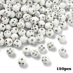 150Pcs Opaque Acrylic Beads, Metal Enlaced, Round, White, 8mm, Hole: 2mm(MACR-YW0004-21C)