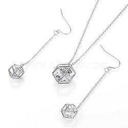 304 Stainless Steel Jewelry Sets, Earrings and Pendant Necklaces, Hexagon with Glass Rhinestone, Stainless Steel Color, 70mm, Pin: 0.8mm, 17.7 inch(STAS-G100-17P)
