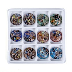 Handmade Silver Foil Lampwork Pendants, with Gold Sand, Flat Round, Mixed Color, 41x10mm, Hole: 5mm, 12pcs/box(FOIL-S116-2-B)