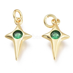 Brass Micro Pave Cubic Zirconia Charms, with Jump Ring, Stars, Golden, Green, 13.5x7.5x2.5mm, Hole: 1.5mm, Jump rings: 3.5x0.8mm(X-KK-M206-29G-01)