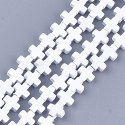 Spray Painted Non-magnetic Synthetic Hematite Beads Strands, Cross, White, 6~6.5x6~6.5x2.5mm, Hole: 0.8mm, about 66~75pcs/strand, 16.5 inch~18.7 inch(G-T116-18A-16)