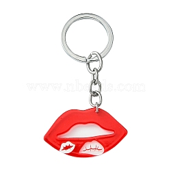 Valentine's Day Acrylic Keychain, with Iron Ring, Lip , FireBrick, 8cm(KEYC-YW00020-01)