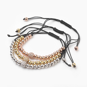 Bracelets Sets, Brass Braided Bead Bracelets, with Cubic Zirconia and Nylon, Round, Mixed Color, 2.4~7.4cm, 3pcs/set