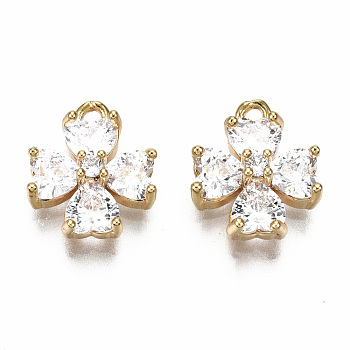 Brass Micro Pave Clear Cubic Zirconia Charms, Nickel Free, Clover, Real 18K Gold Plated, 11.5x9.5x4mm, Hole: 1.2mm