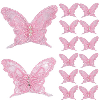 30Pcs Polyester Butterfly Lace Appliques, with Plastic Imitation Pearl, Costume Accessories, Sewing Craft Decoration, Pearl Pink, 53x70x5.5mm