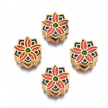 Rack Plating Alloy Enamel Beads, Cadmium Free & Lead Free, Matte Gold Color, Flower, Red, 11x10.5~11x5mm, Hole: 2mm