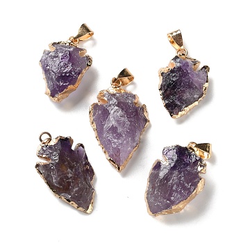 Raw Rough Natural Amethyst Pendants, Arrow Head Charms with Golden Tone Brass Snap on Bails, 27~39x17~22x6~11mm, Hole: 7x4mm